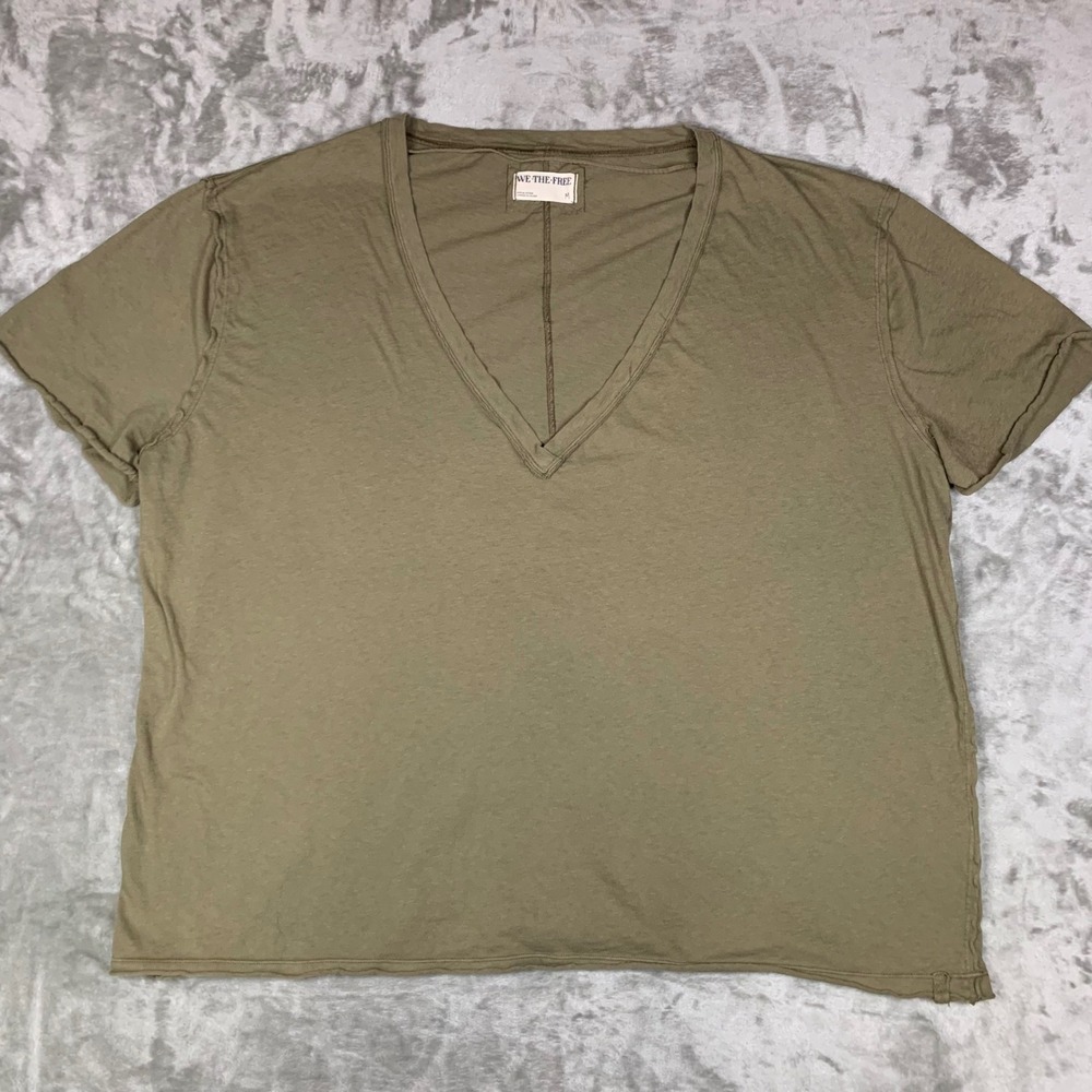 We The Free Free People FP Nina V Tee Olive Green Boxy Raw Edge Cotton T-Shirt M